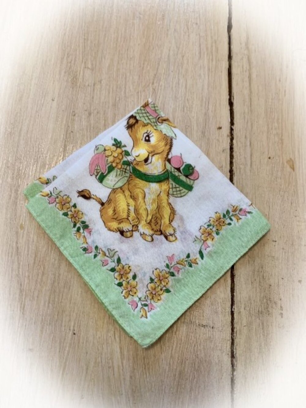 Vintage 1940s Children's Novelty Handkerchief - Yellow Donkeys